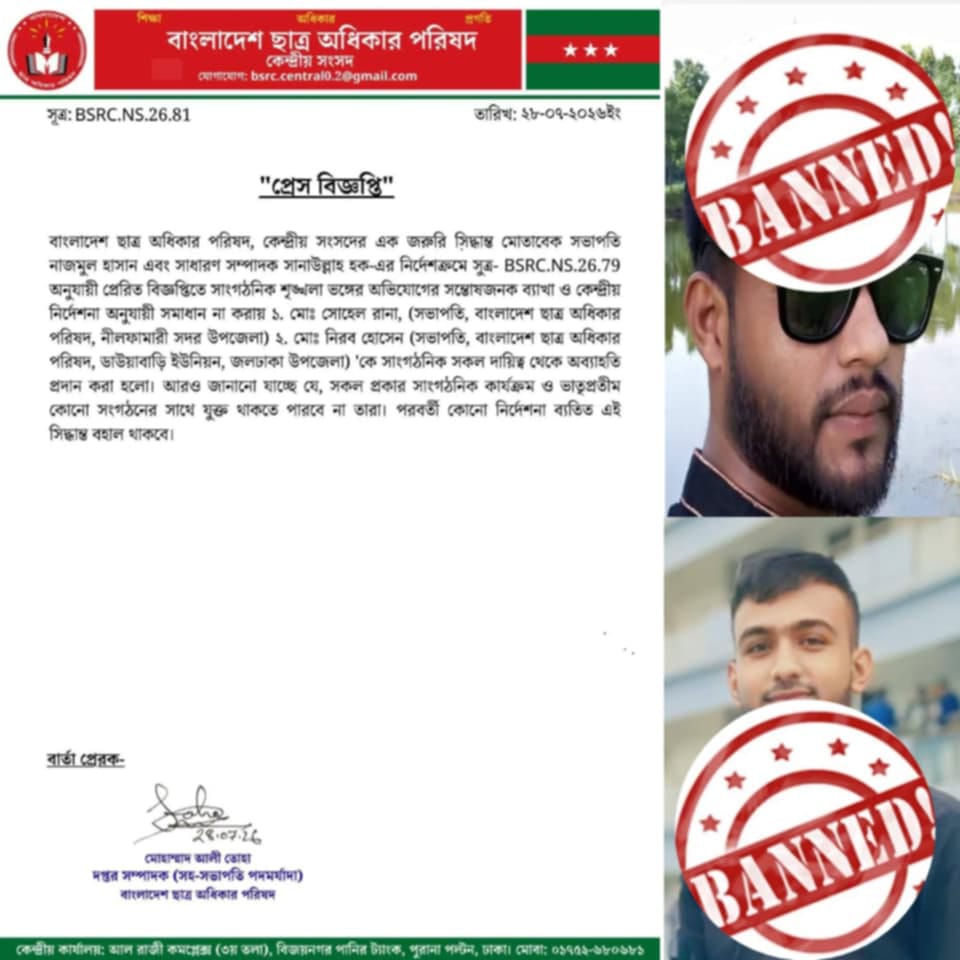 শৃ’ঙ্খ’লা ভ’ঙ্গে’র  অ’ভি’যো’গে ছাত্র অধিকার পরিষদের দুই নেতাকে অ’ব্যা’হ’তি।